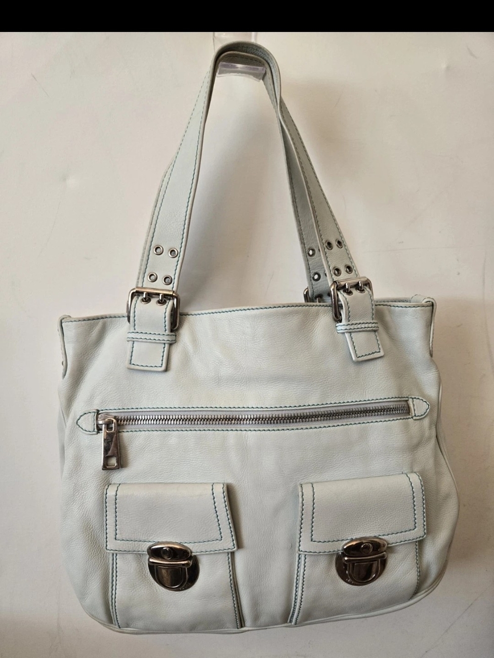 Vintage AUTHENTIC Marc Jacobs STELLA BAG Pale Blue LEATHER Y2K LARGE - Picture 2 of 7